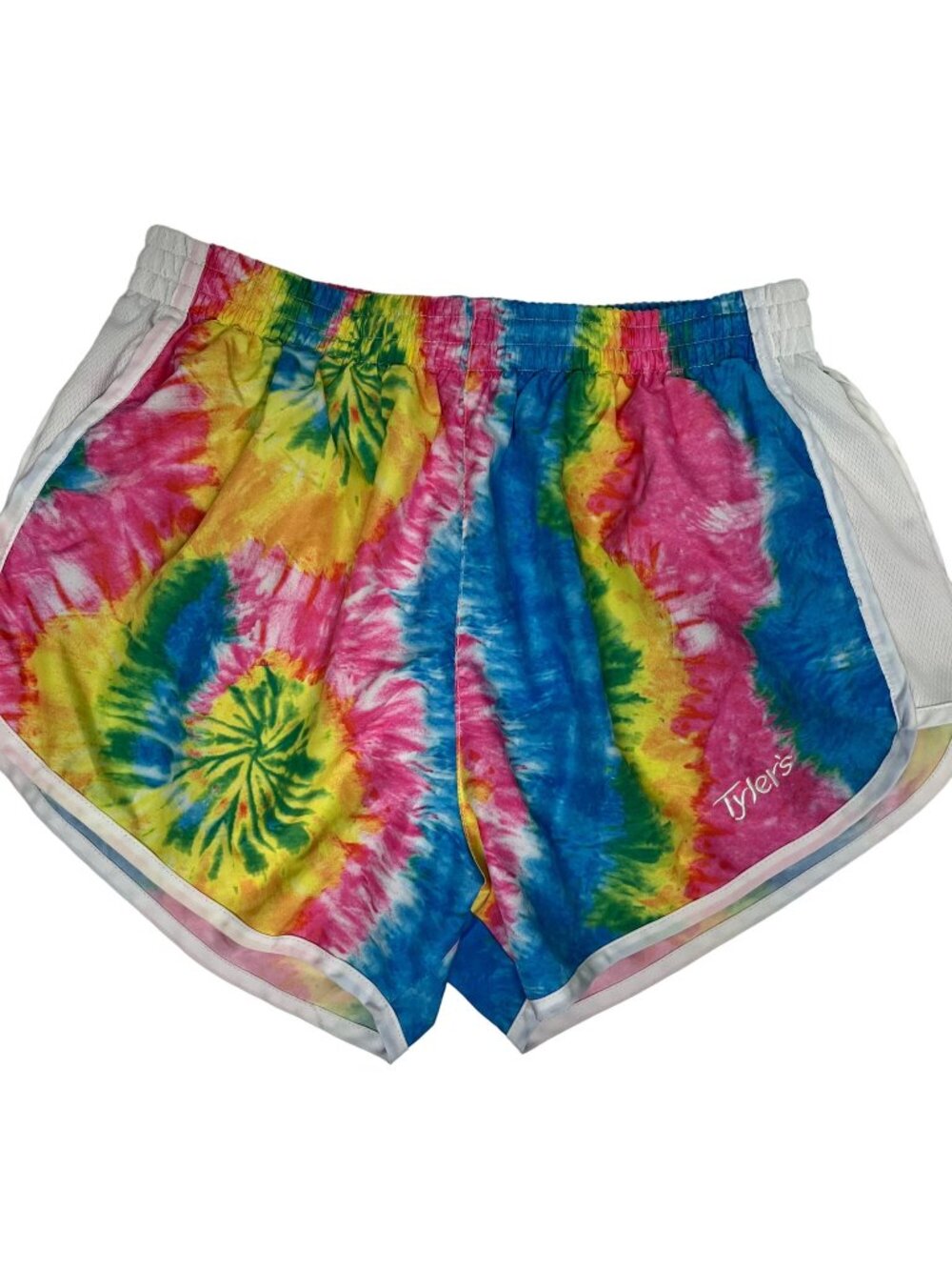 Tylers LARGE Womens Austin Texas Weird Rainbow Tie Dye Athletic Racer Shorts